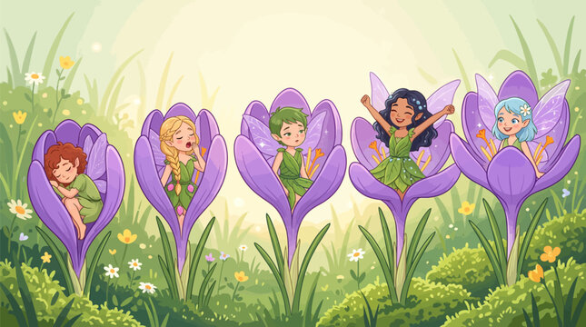 Little forest fairies waking up inside purple crocus flowers in spring garden