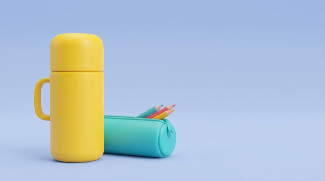 Yellow thermos bottle and teal pencil case arranged as a minimalist still life composition