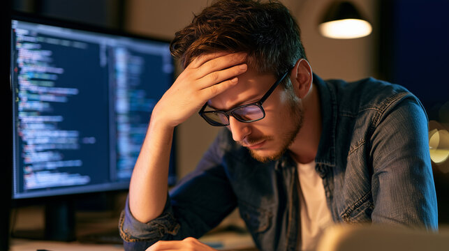 Data engineer optimizing a slow database query under pressure , one man working at night, stressed work, code, typing code, one monitor with code, photo style