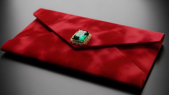 Elegant red velvet envelope sealed with a detailed green emerald jewel on a dark, luxurious surface.