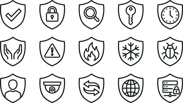 Security shield icons set with safety symbols and outline design on white background