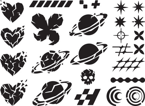 Y2K Fragmented Abstract Icons Bundle with Hearts Planets Stars and Geometric Symbols Vector Set