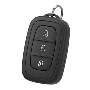black car key fob with three lock buttons and a silver keyring, rendered in 3d with transparent background