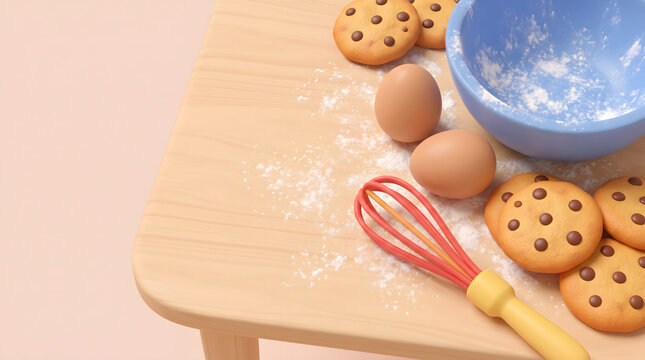 Chocolate chip cookies and baking ingredients arranged on a wooden table surface