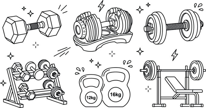 Dumbbell and Barbell Weight Icon Set with Gym Bench Press Fitness Workout Symbols