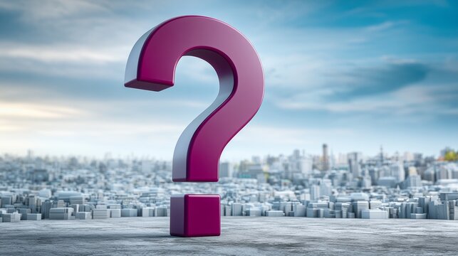 Glowing 3D Question Mark Hovering Above a Cityscape in Deep Violet Sky