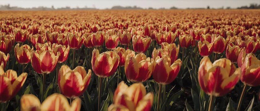 Tulip Field Landscape at Golden Hour Low Angle View