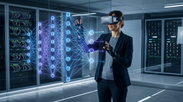 Person using vr headset to interact with digital neural network data technology innovation interface artificial intelligence simulation hologram computing business visualization software