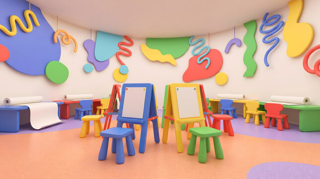 Colorful childrens art classroom with easels drawing boards and playful wall decorations
