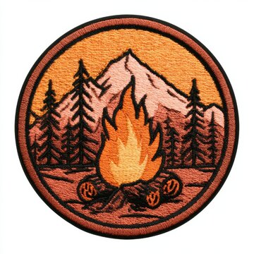 Campfire burns in front of mountains and pine trees on a round patch. Warm colors create an outdoor adventure atmosphere.