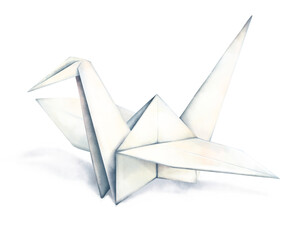 Naklejka premium Delicate watercolor hand drawn paper crane origami with soft shadow isolated on white background. Minimalist clean simple illustration symbolizing peace, hope, childhood, creativity