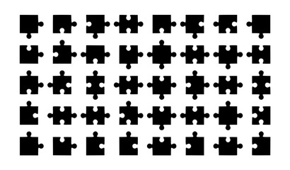 Naklejka premium Black Jigsaw Puzzle Pieces Vector Icon Set with Assorted Puzzle Shapes and Problem Solving Symbols