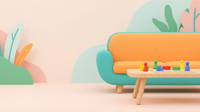 Orange sofa with wooden coffee table and colorful building blocks in a soft pastel interior