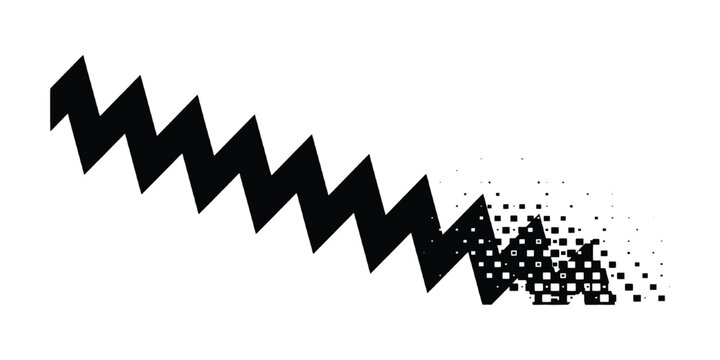 Abstract black and white zigzag line dissolving into halftone pixel dots geometric background vector illustration.