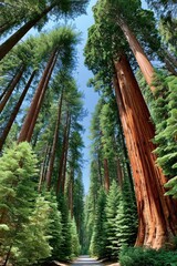 Obraz premium Giant sequoia and towering redwood trees lining a peaceful forest path through dense green woodland