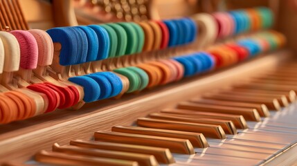 Naklejka premium Closeup of Grand Piano Key Mechanism with Colorful Felt Weights