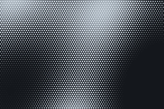 Hexagonal halftone pattern, gradient transition from light grey honeycomb shapes to solid dark background