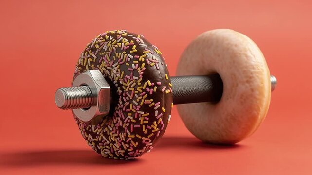 Dumbbell with sweet glazed donuts instead of heavy weight plates on bright red background, creative concept of unhealthy fitness diet vs cheat meal, 3D render style.