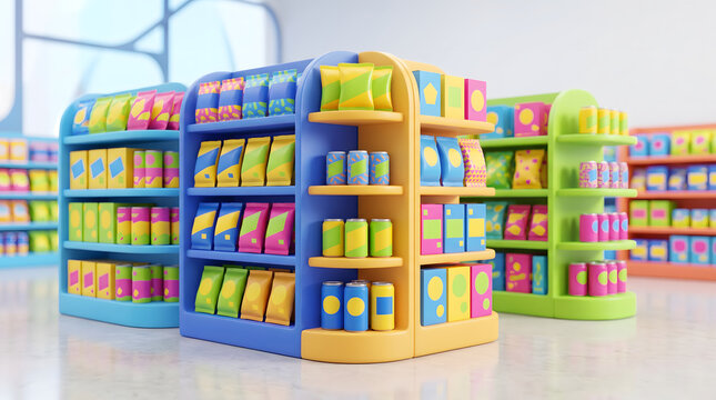 Colorful shelves displaying snack products in a 3D illustrated retail setting