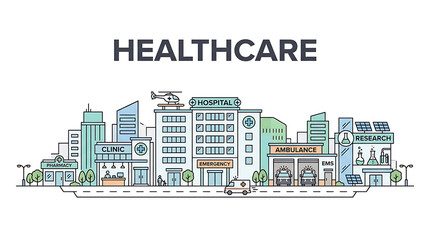 Obraz premium Comprehensive illustration of a modern healthcare complex featuring various medical facilities and emergency services