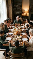 Obraz premium Large diverse family holding hands praying before holiday dinner