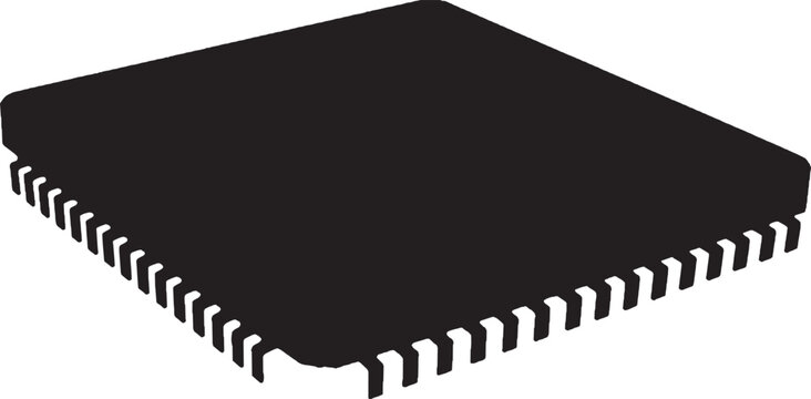 Microchip, integrated circuit ic or computer chip silhouette with pins, electronic component, vector art