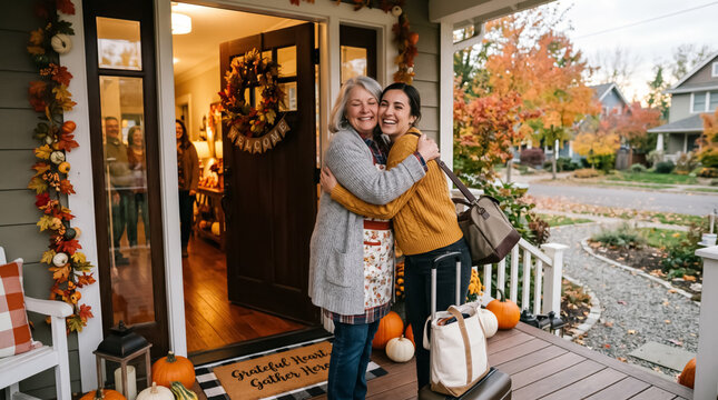 Cheerful women hugging at front porch welcoming Thanksgiving guests