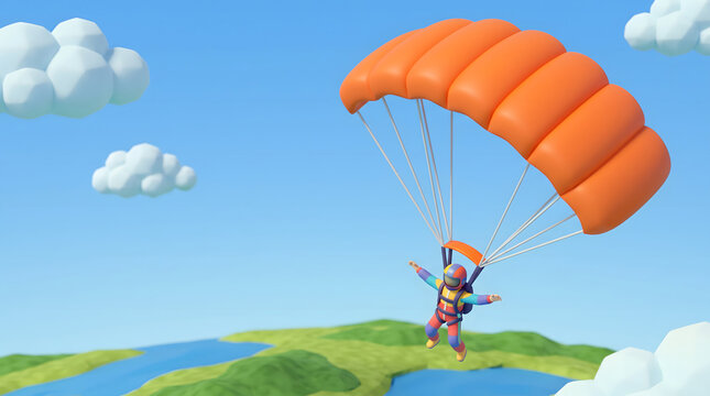A person with an orange parachute gliding through the air over green hills and blue rivers under a clear sky