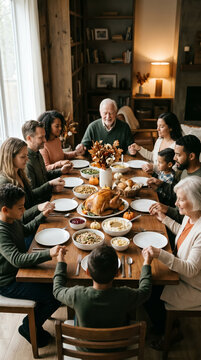 Large diverse family holding hands praying before holiday dinner