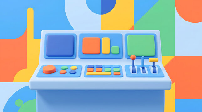 Colorful 3D control panel illustration design asset with geometric buttons and joysticks
