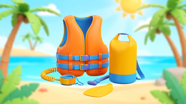 Orange life vest yellow waterproof dry bag and beach safety equipment on tropical sand