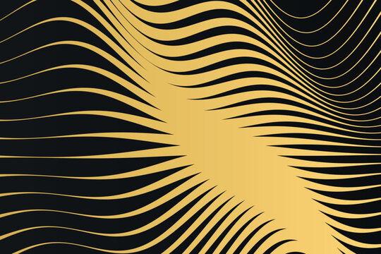 Gold wavy lines on a black background, abstract optical pattern with distorted parallel flowing stripes