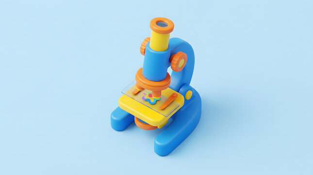 Blue and orange childrens microscope toy in close-up view on light blue background