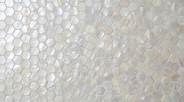 Luxurious white mother of pearl hexagon tiles arranged in a beautiful repeating geometric pattern featuring iridescent surfaces and soft neutral tones for modern interior design
