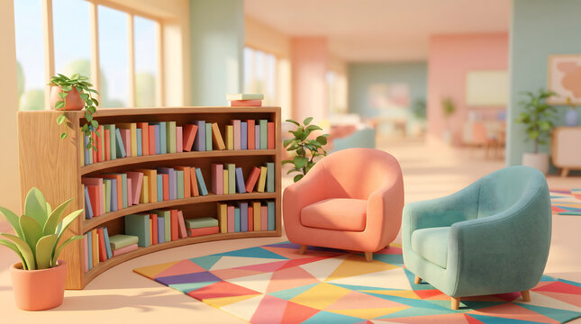 Colorful geometric pattern rug in a cozy study room with wooden bookshelf filled with books and two armchairs