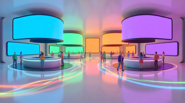 Future technology exhibition hall with multiple people engaging in interactive immersive experiences