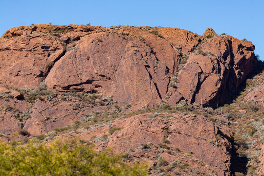 Striking red rock formations and giant cardon cacti characterize the rugged, arid landscape around Laguna de Brealito in Salta, northern Argentina.