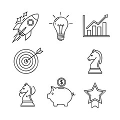 Naklejka premium A modern startup icon collection featuring innovation, investment, entrepreneurship, business growth, teamwork, and creative ideas. Perfect for startups, SaaS, fintech, presentations, and business web