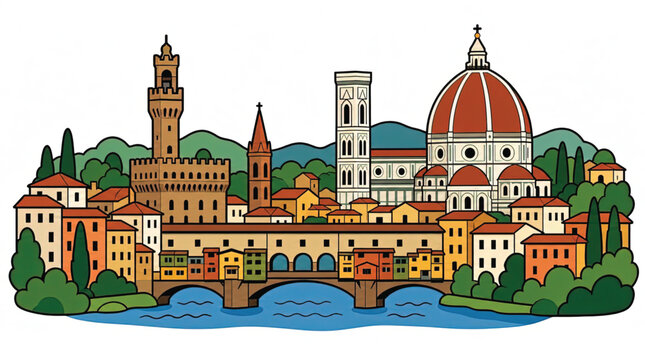 Illustration of Florence cityscape with bridge.