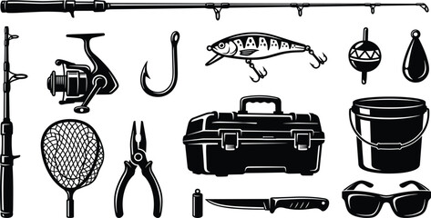 Fishing Gear and Equipment Silhouette Vector Illustration Set Isolated on White Background © MstAnjuAra