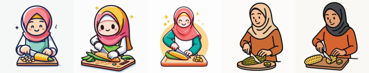 Naklejka premium set of vectors of hijab women slicing corn