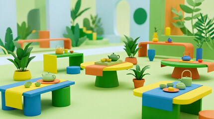 Obraz premium Colorful 3D illustrated tea room scene with modern furniture and decorative plants