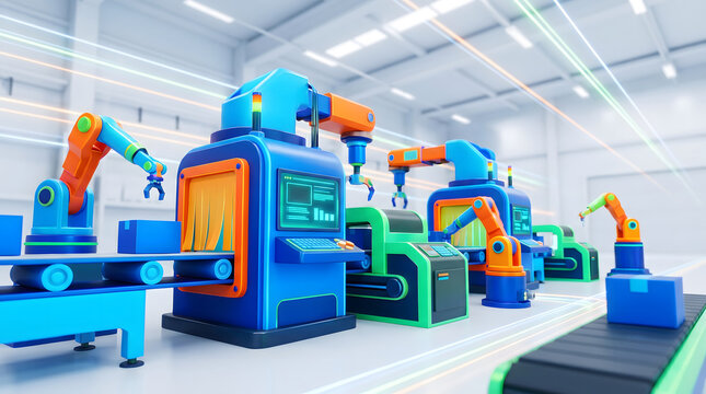Smart factory with robotic arms operating on automated production lines in a futuristic industrial setting