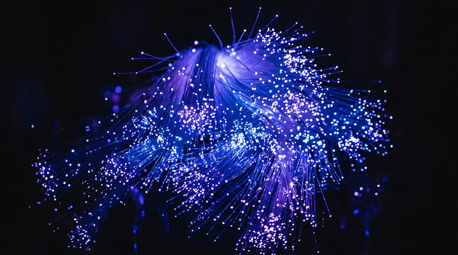 Vibrant blue fiber optic light display with intricate strands and glowing particles creating a mesmerizing visual effect in a