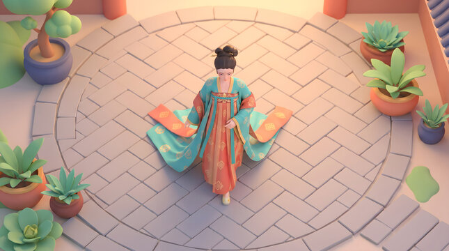 Ancient style woman wearing elegant hanfu in a traditional courtyard setting