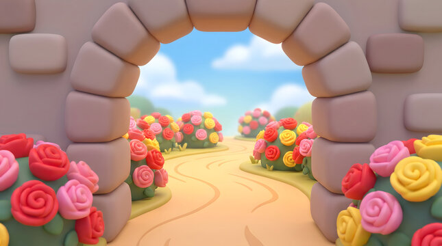 Stone archway leading to a colorful flower path in a whimsical 3D illustrated garden scene