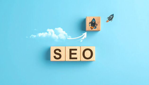 Seo text optimization, digital marketing strategy, business growth, search engine ranking, pixel art rocket launching from cube with seo letters