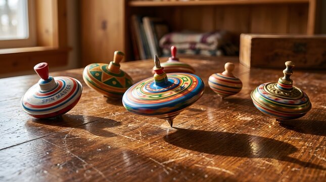 Colorful Spinning Tops in Motion on a Wooden Table