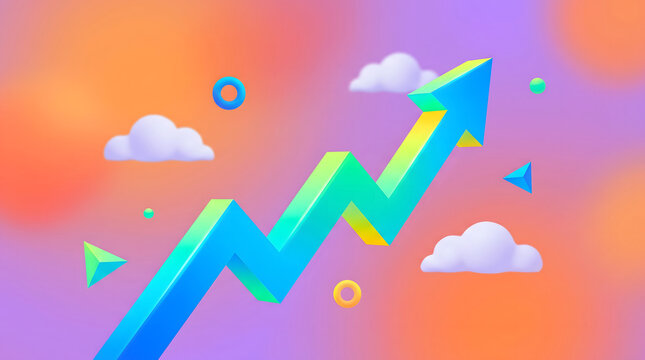 Colorful gradient upward arrow chart illustration on abstract background with clouds and geometric shapes