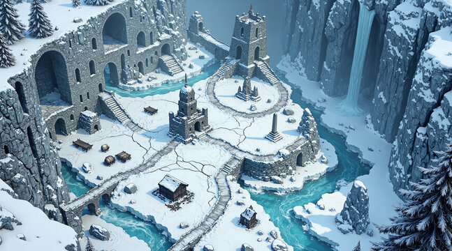 Abandoned Winter Castle Stronghold Isometric Game Level